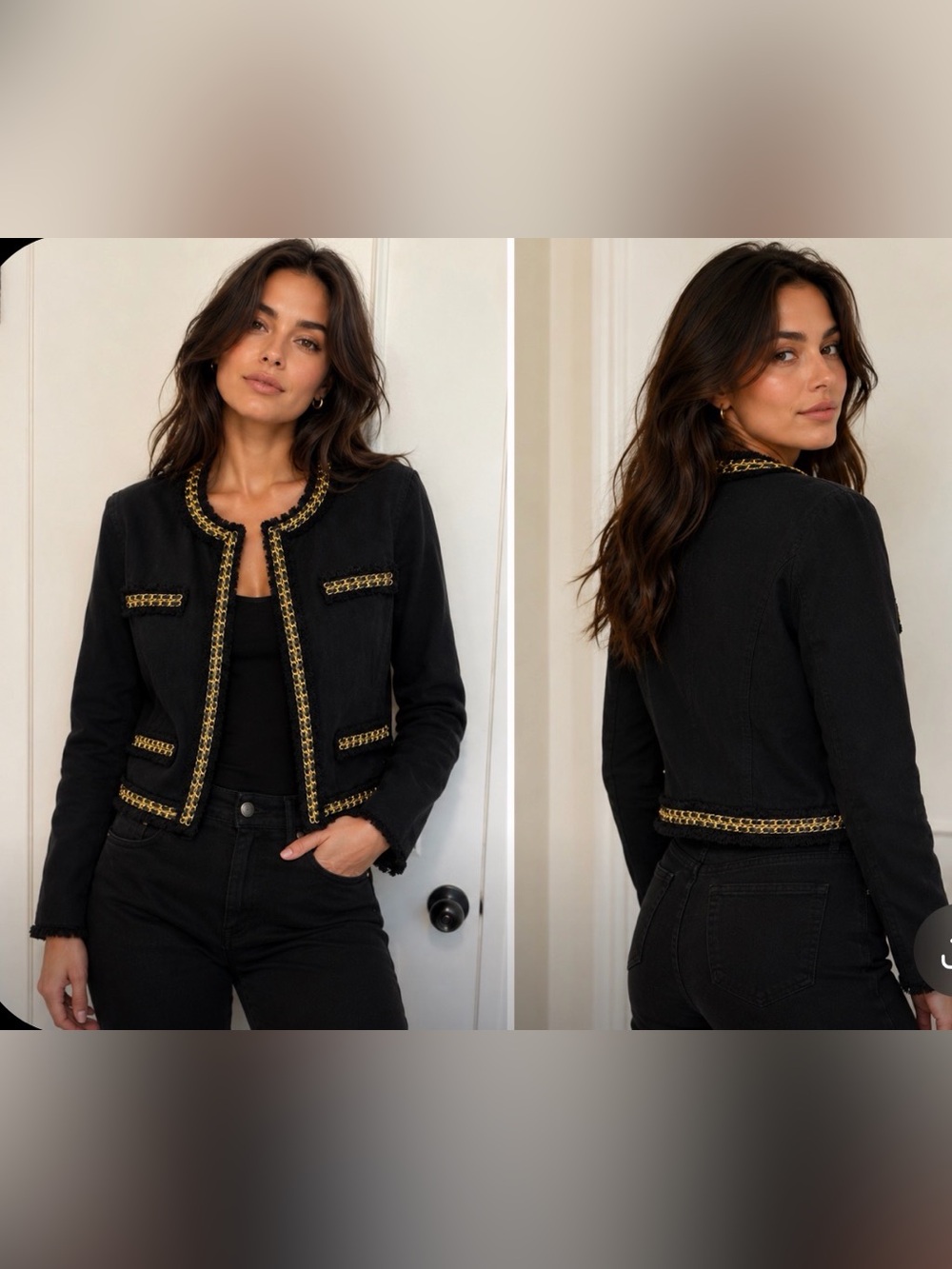 Michael Kors Black Denim Cropped Chain-Trim Jacket